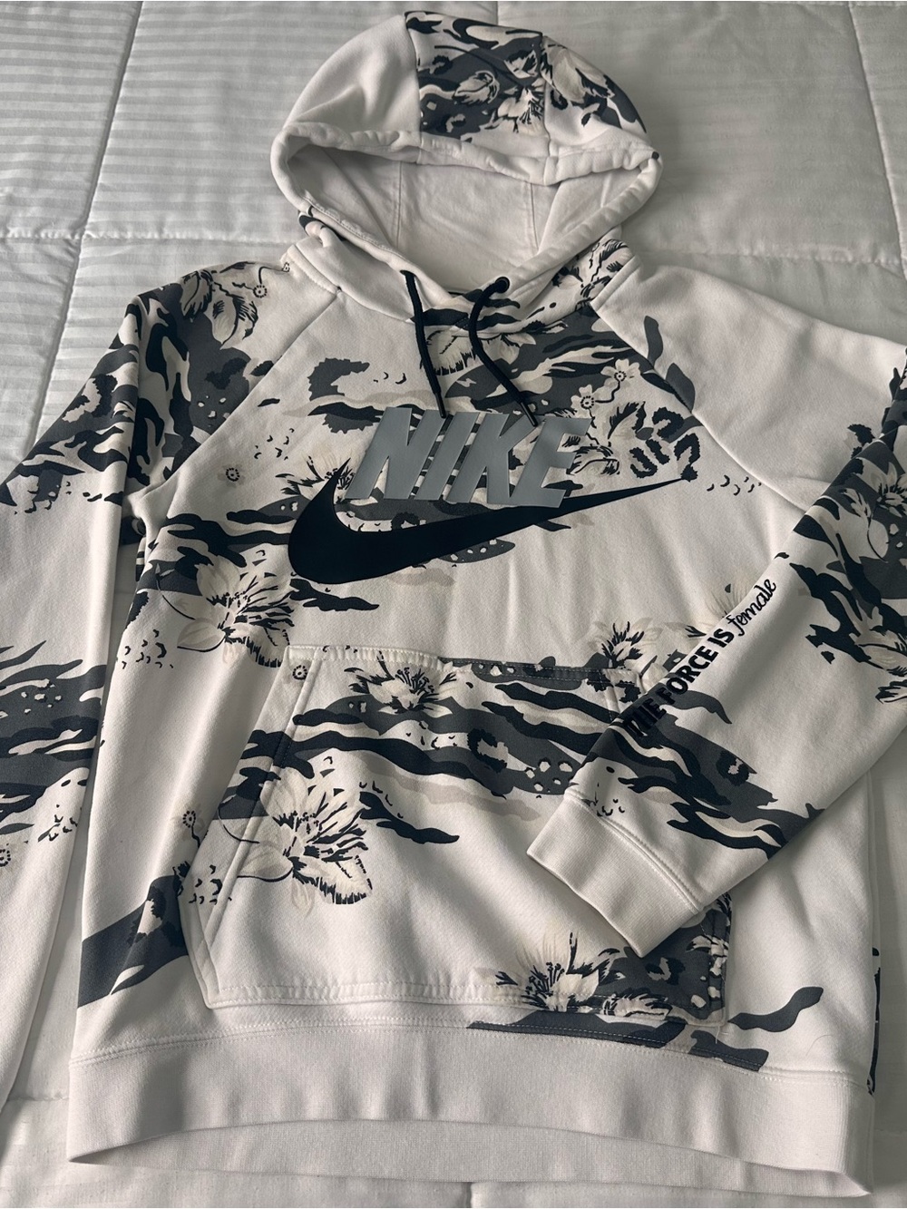 Nike White Hoodie with Black & Gray Floral Camo Swoosh - The Force is Female